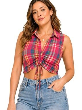 Zudio Plaid Cropped Tie Front Top Size Large Red Multicolour